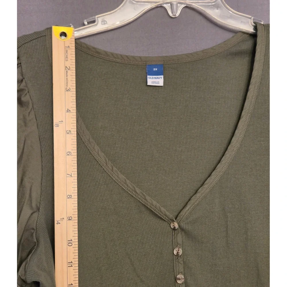 Old Navy Puff-Sleeve Mixed Fabric‎ Top Womens Size 2X Green Boho